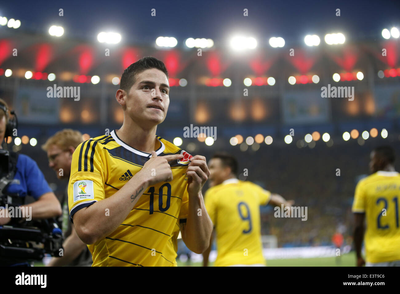 Rio De Janeiro, Brazil. 28th June, 2014. Colombia's James Rodriguez celebrates a goal during a Round of 16 match between Colombia and Uruguay of 2014 FIFA World Cup at the Estadio do Maracana Stadium in Rio de Janeiro, Brazil, on June 28, 2014. Colombia won 2-0 over Uruguay and qualified for Quarter-finals on Saturday. Credit:  Wang Lili/Xinhua/Alamy Live News Stock Photo