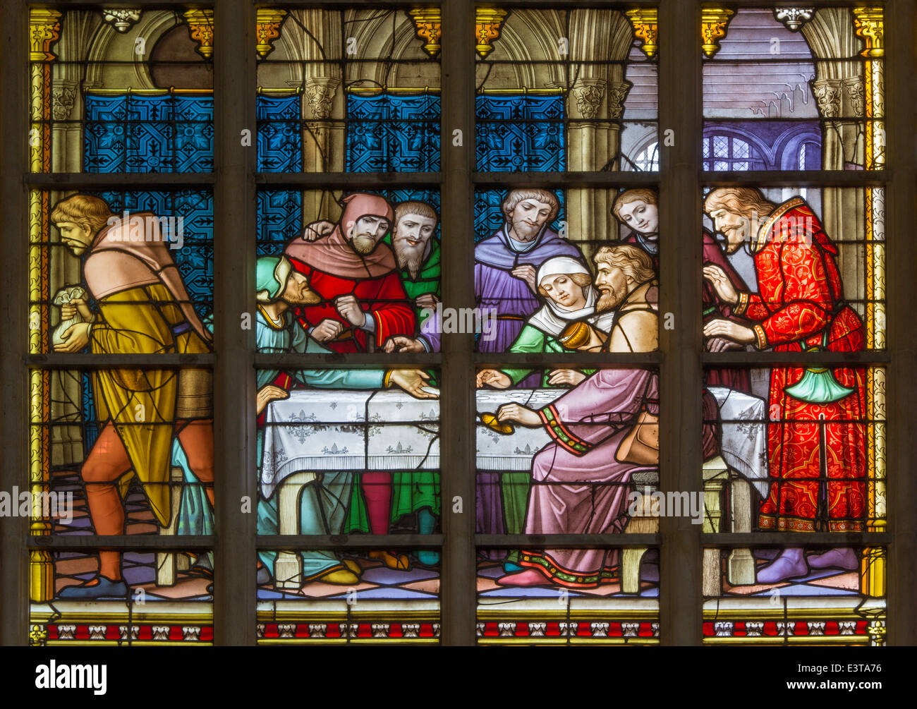 Brussels  - Jesus and the twelve apostles on maundy thursday at the Last Supper in the cathedral of st. Michael Stock Photo