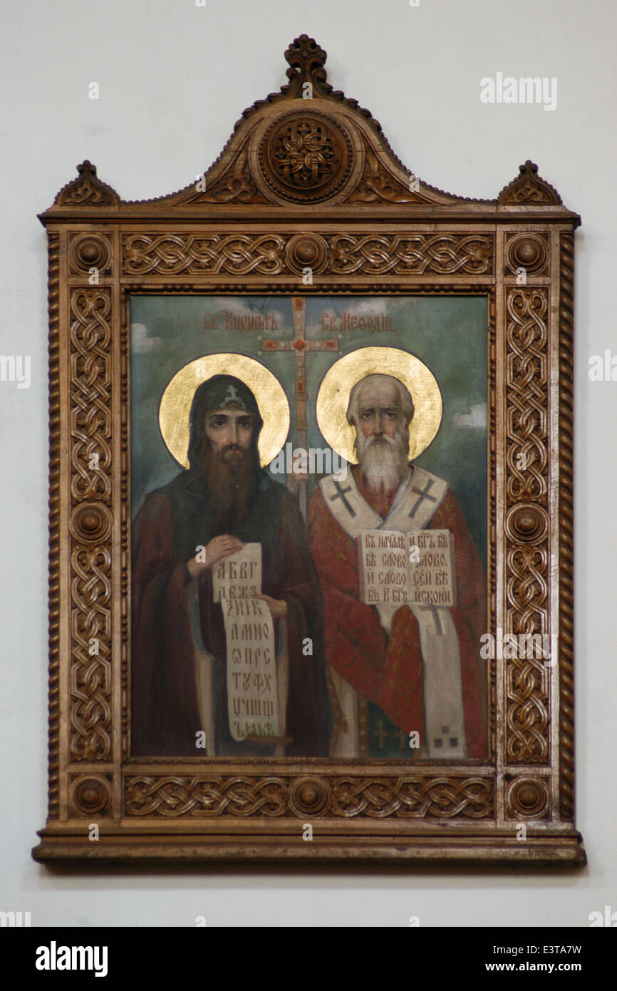 Saints Cyril and Methodius. Orthodox icon in Saints Cyril and Methodius' Cathedral in Prague, Czech Republic. Stock Photo