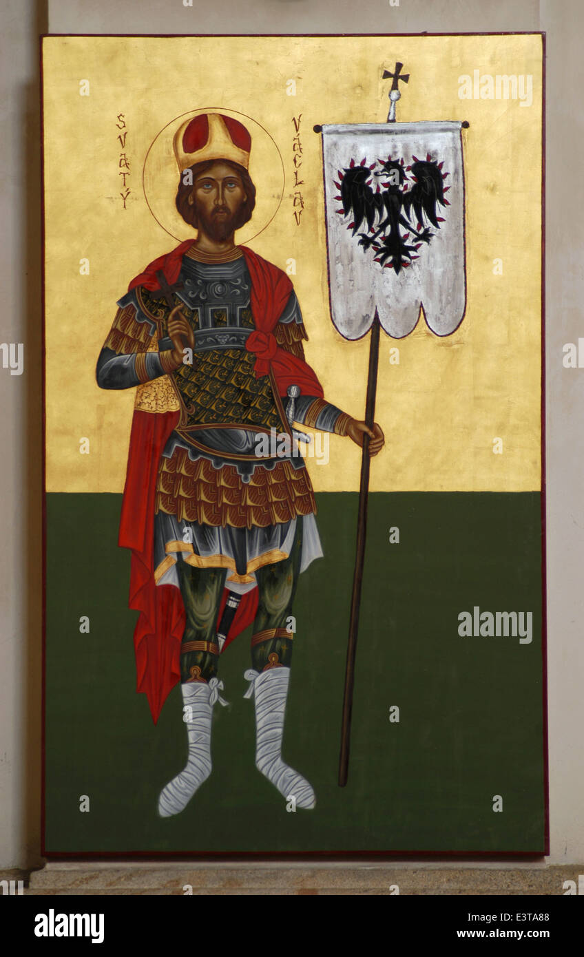 Saint Wenceslas of Bohemia. Orthodox icon in Saints Cyril and Methodius' Cathedral in Prague, Czech Republic. Stock Photo