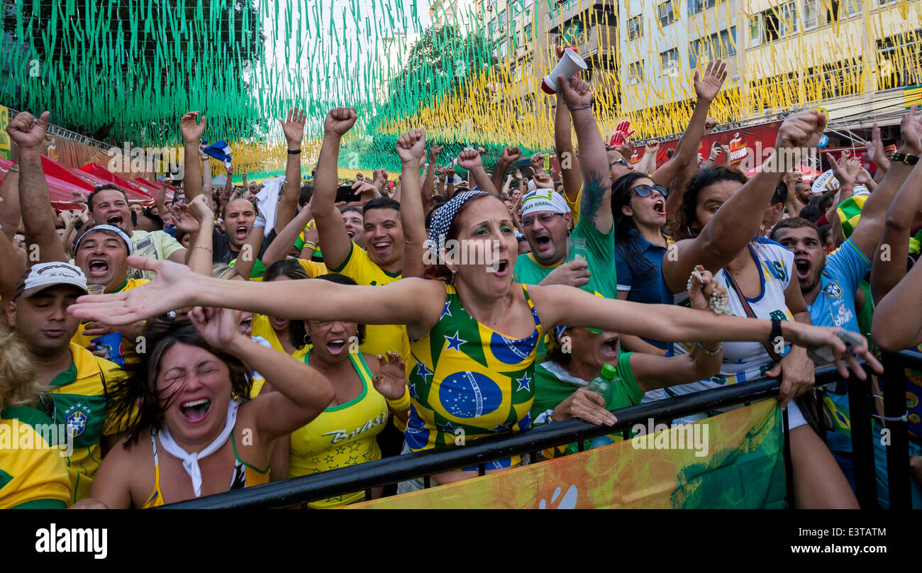 Rio de Janeiro. 28th June, 2014. Brazilian Fans Celebrate a Goal Against Chile in the Alzirão Football Street Party in the neighbourhood of Tijuca, Rio de Janeiro, Brazil during the World Cup 28th June, 2014 Credit:  Peter M. Wilson/Alamy Live News Stock Photo