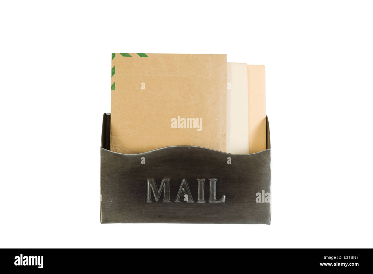 Overhead view of an old metal mailbox with letters inside isolated on