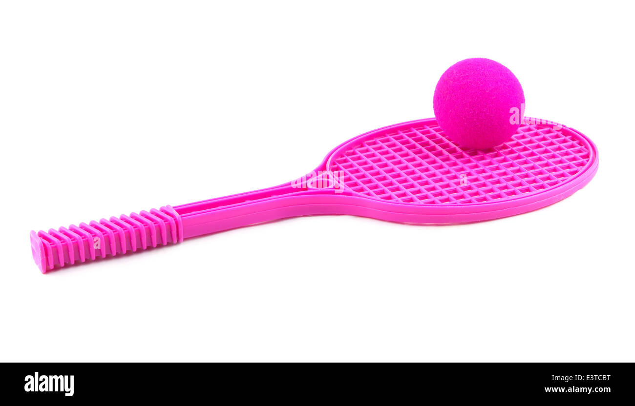 plastic tennis racket with ball isolated on white Stock Photo