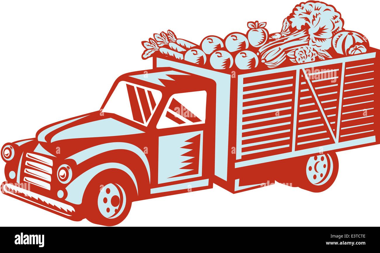 Illustration of a vintage pick-up truck viewed from side filled with festive fruits and vegetables done in retro woodcut style on isolated background. Stock Photo