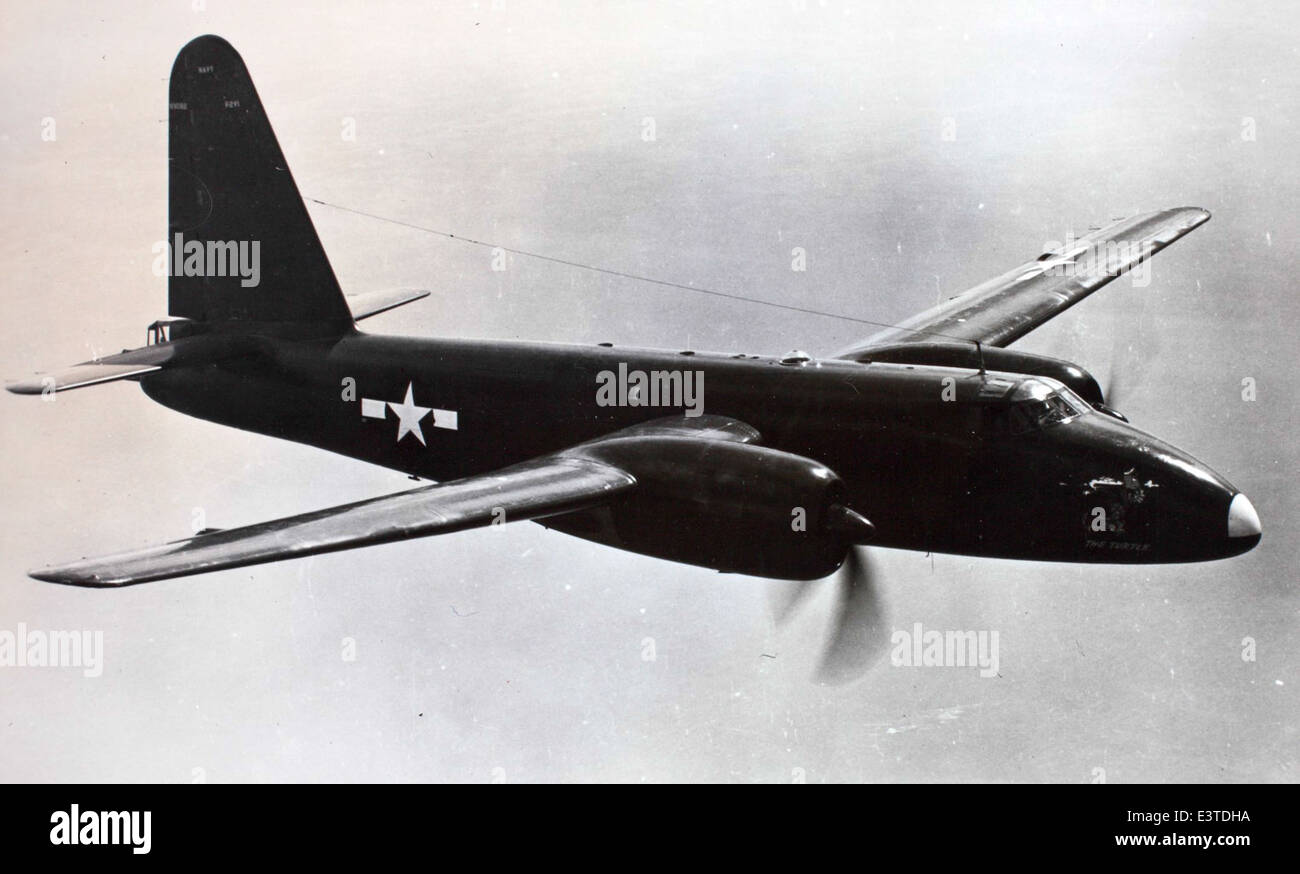 The Lockheed P2V-1, also known as the 'Turtle', was an early version of the P2V Neptune, a long-range patrol aircraft used by the U.S. Navy. It was designed for reconnaissance and anti-submarine warfare missions, featuring twin-engine turboprop propulsion. Stock Photo