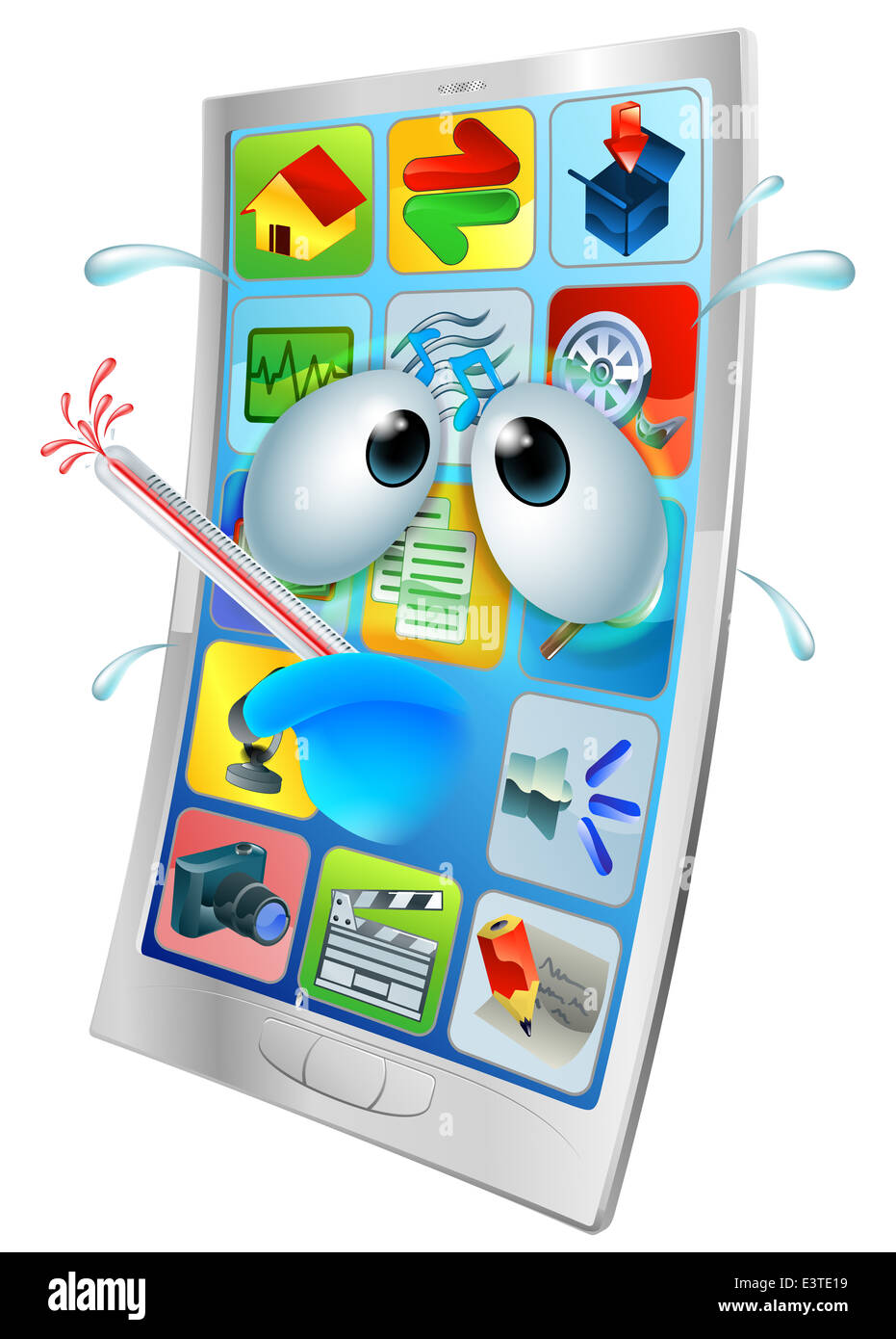 Sick cartoon mobile phone, cartoon of an unwell mobile phone with a bursting thermometer in its mouth. Could be a broken mobile Stock Photo