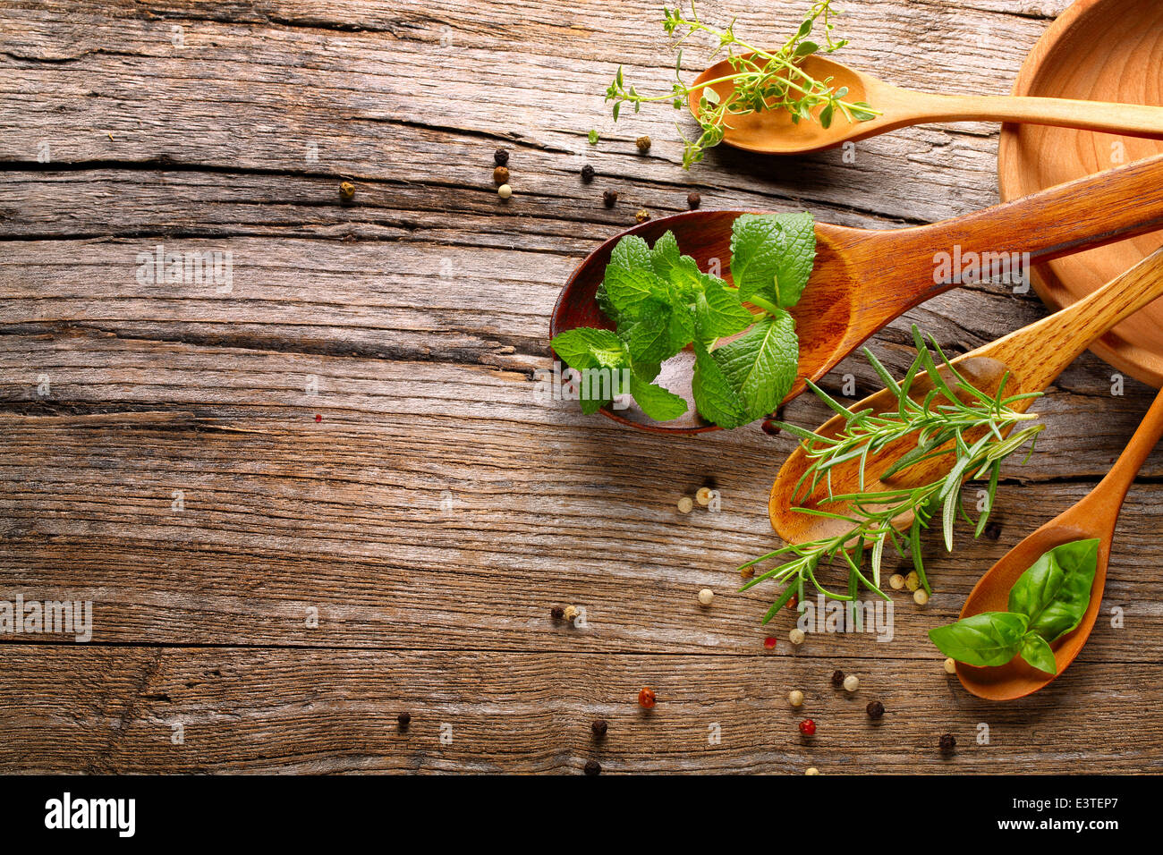 herbs and spice on wooden table Stock Photo