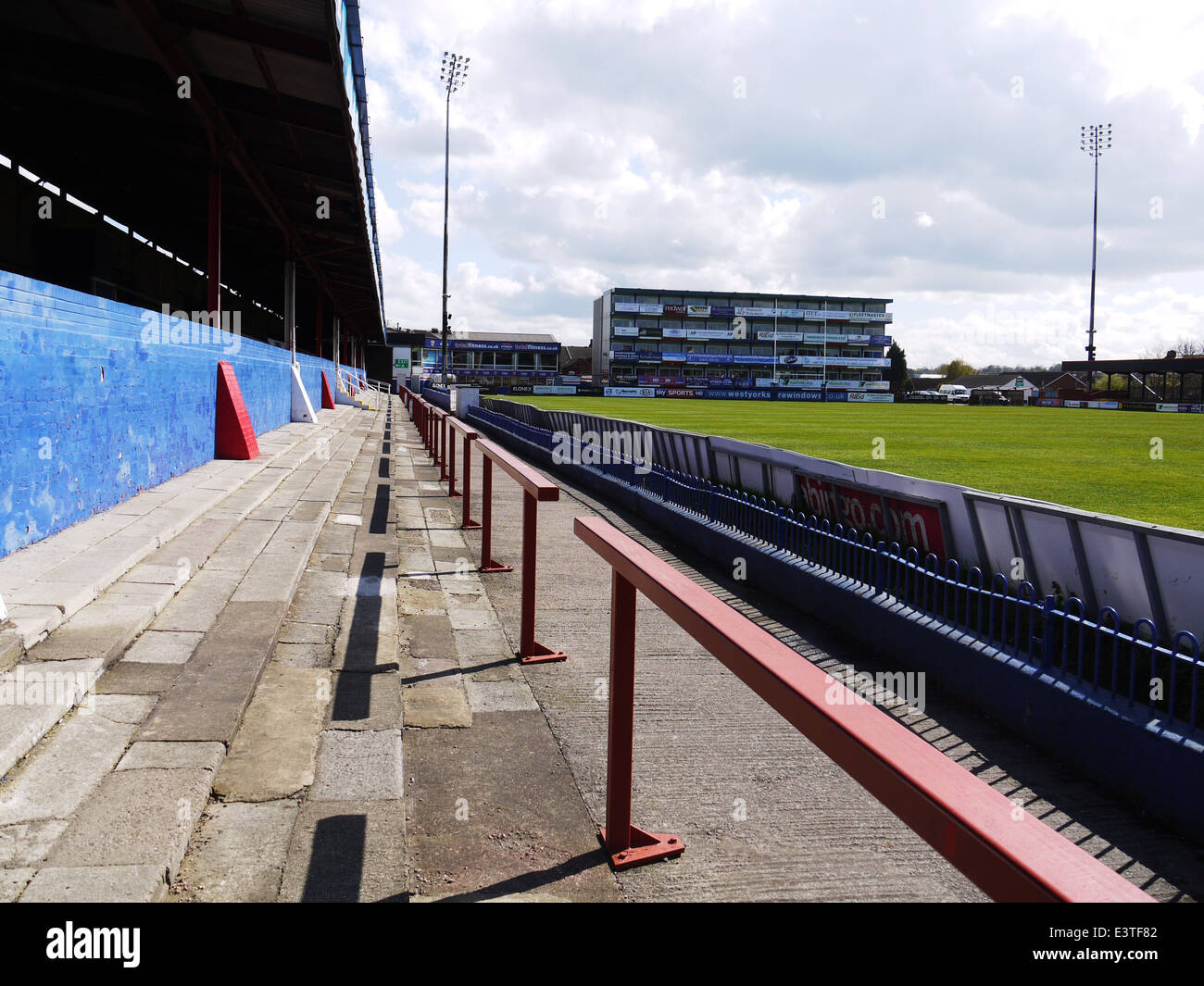 Wide Shot of The Rapid Solicitors Stadium. Belle Vue. Home of Wakefield Trinity Wildcats. Showing terracing & roof of stand. Stock Photo