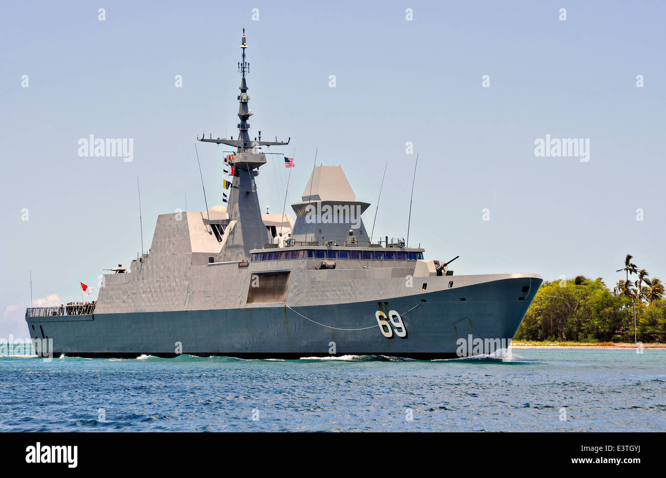 Republic of Singapore Formidable-class multi-role stealth frigate RSS Intrepid transits into Joint Base Pearl Harbor-Hickam for Rim of the Pacific exercise June 24, 2014 in Honolulu, Hawaii. Stock Photo