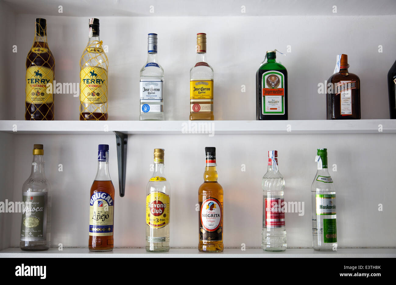 Spanish Bottles of Spirits on Bar Display Stock Photo