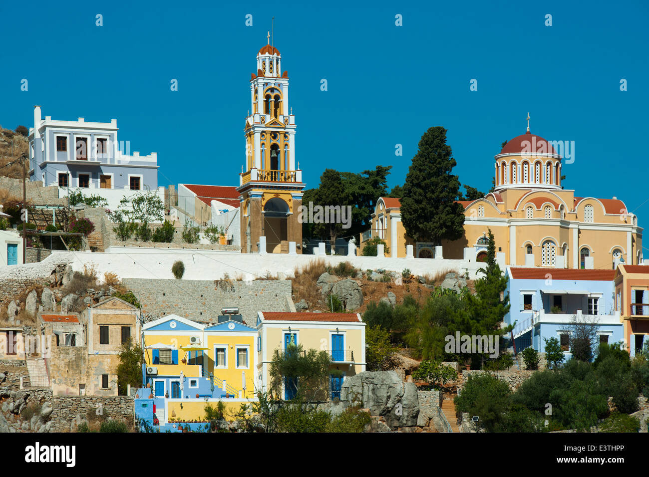 Griechenland, Symi, Kirchen im Hafenort Gialos Stock Photo