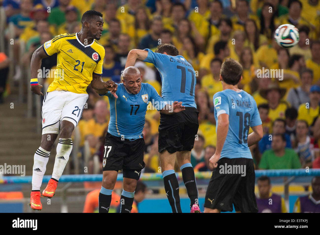 (L-R) Jackson Martinez (COL), Egidio Arevalo Rios, Christian Stuani (URU), JUNE 28, 2014 - Football / Soccer : FIFA World Cup Brazil 2014 Round of 16 match between Colombia 2-0 Uruguay at Estadio do Maracana in Rio de Janeiro, Brazil. (Photo by Maurizio Borsari/AFLO) [0855] Stock Photo