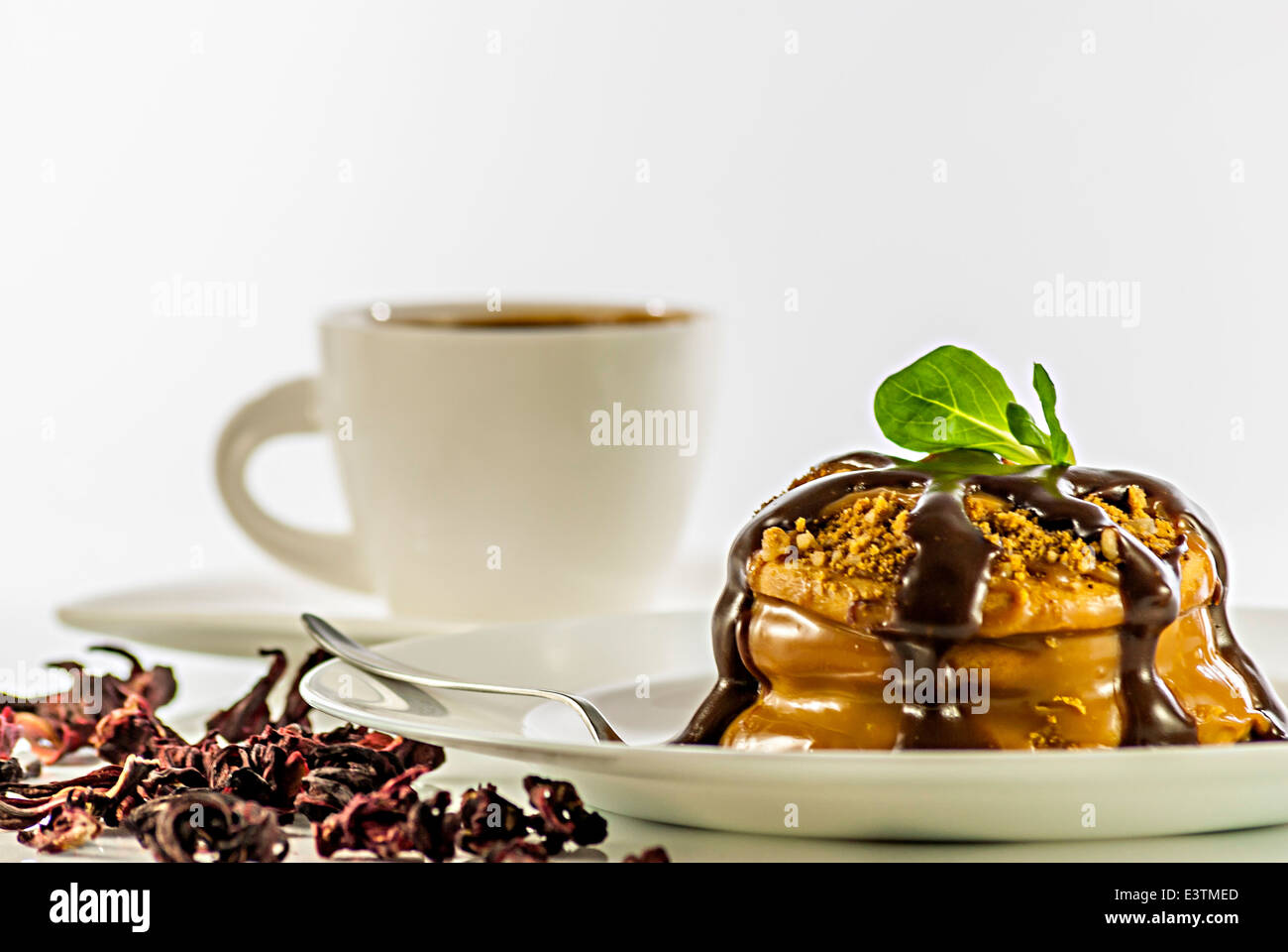 honey cake marlenka with cup of coffee on white background Stock Photo