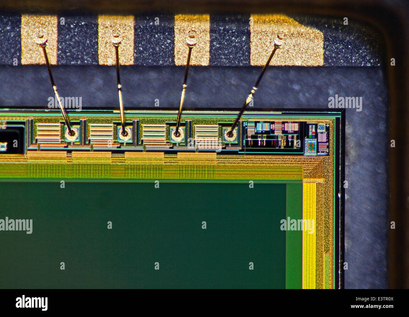 CMOS camera sensor, edge detail showing gold solder joints Stock Photo