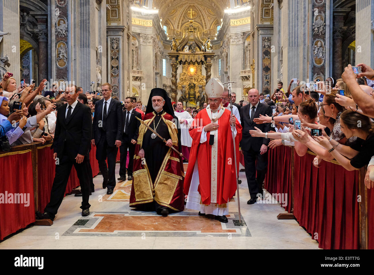 Vatican, Vatican City. 29th June, 2014. Pope Francis Holy Mass and imposition of the 'Pallio'  on new metropolitan archbishops on the occasion of St. Peter and Paul Apostles - Pope Francis and Bartolomeo di Costantinopoli Credit:  Realy Easy Star/Alamy Live News Stock Photo