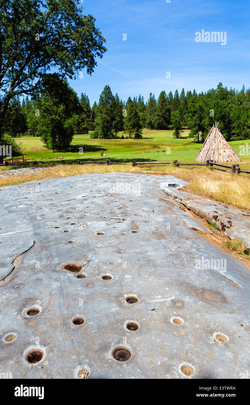 The Grinding Rock at Indian Grinding Rock State Historic Park, Amador County, Southern Gold Country, California, USA Stock Photo