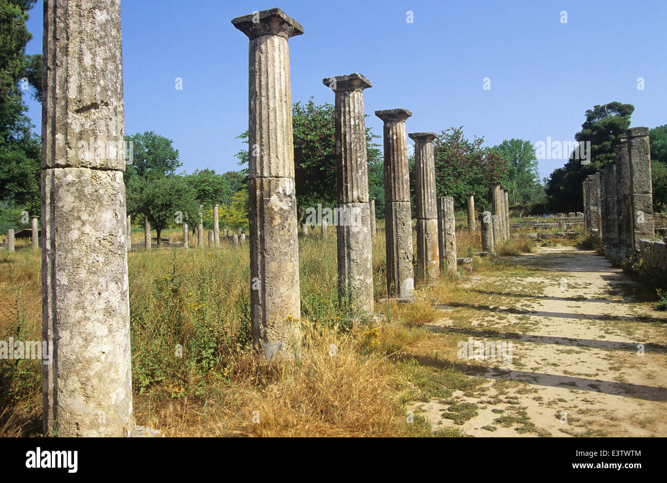 The Palace Stra (3rd Century B.C.) was used for training in boxing, wrestling and jumping, Olympia, Greece. Stock Photo