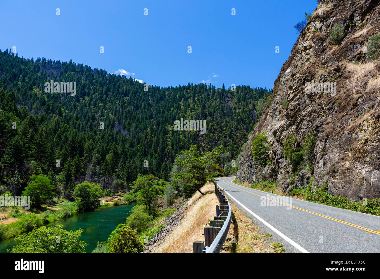 State road 299 alongside Trinity River in Shasta-Trinity National Forest, Northern California, USA Stock Photo