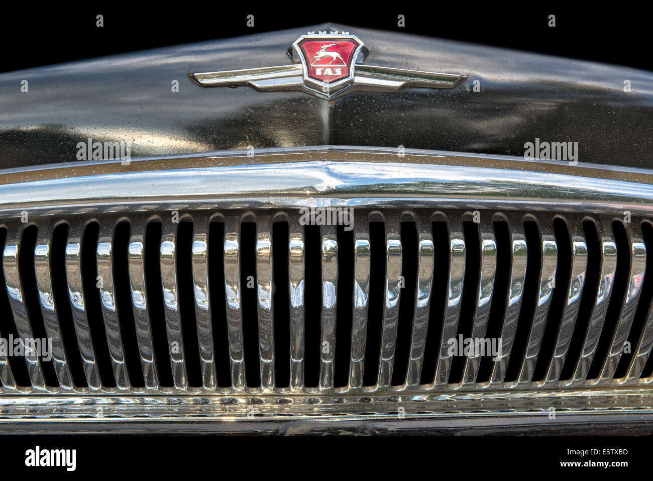 Close up of the vintage soviet vehicle GAZ-21 'Volga' , the 'Baleen' type, isolated on black background Stock Photo