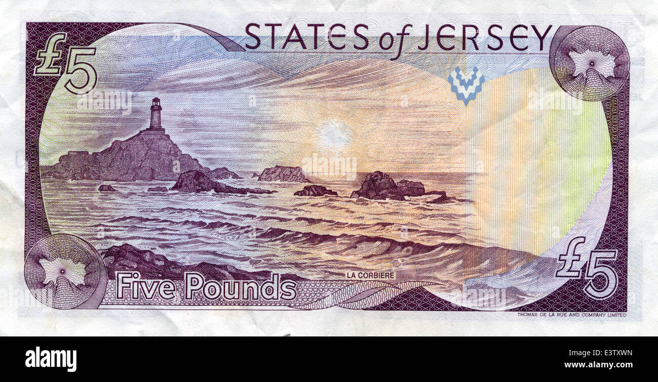 States of Jersey Five pound note reverse side Queen Elizabeth 2 £5 Currency  Money La Corbière (Jèrriais: La Corbiéthe Stock Photo - Alamy