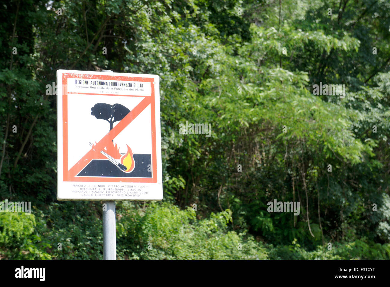 Warning sign forbidding the use of fire in the woods at Plessiva, on the Italian-Slovenian border Stock Photo
