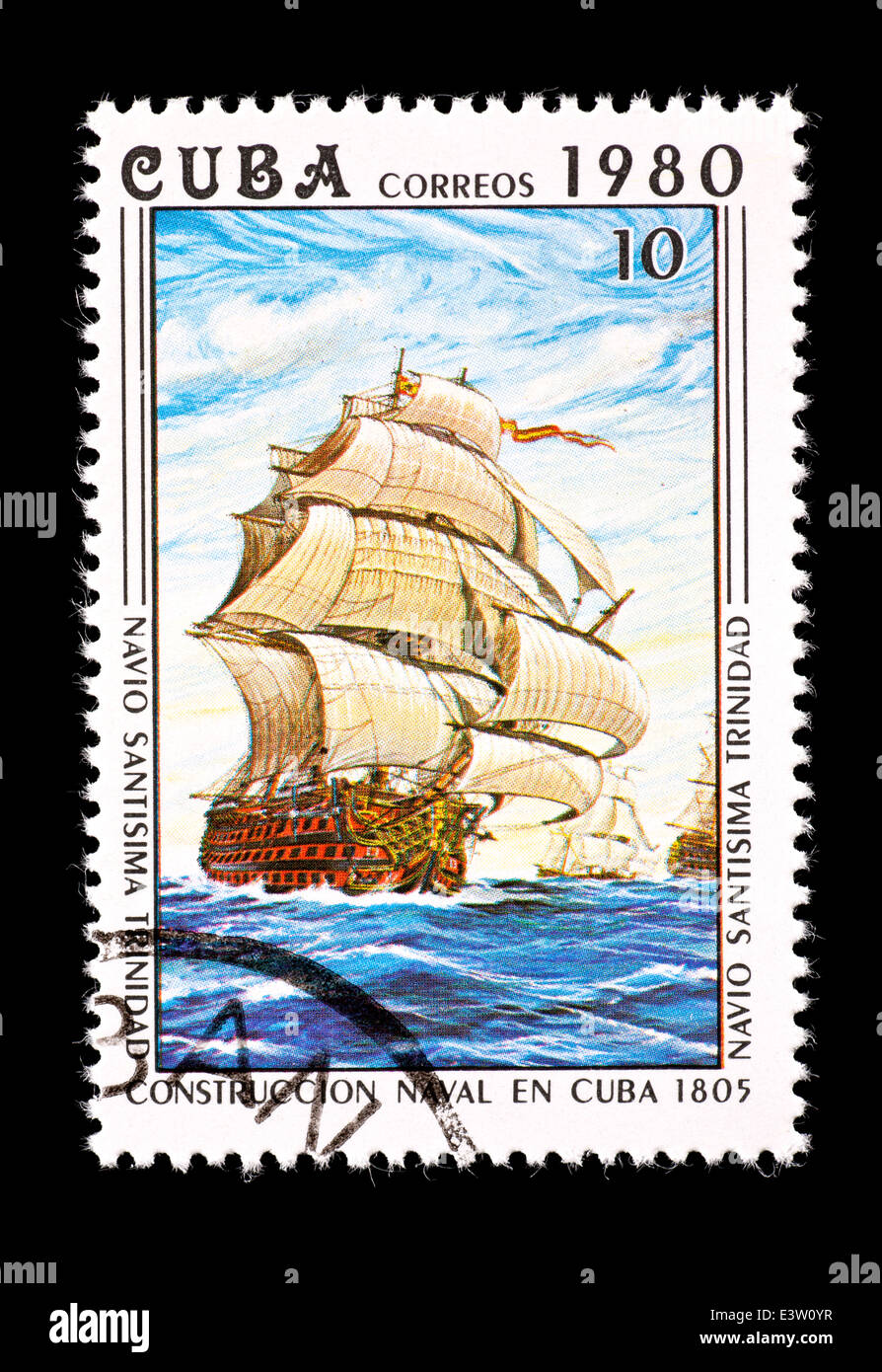 Postage stamp from Cuba depicting the Cuban naval vessel Santisima Trinidad. Stock Photo