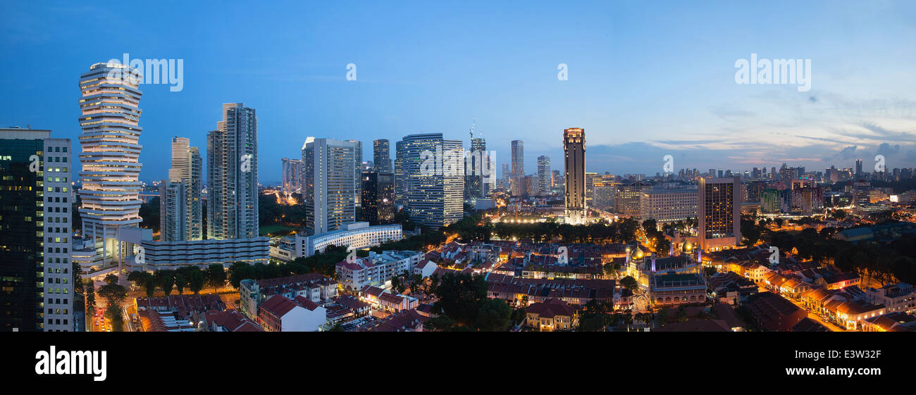 Kampong Glam with Singapore City Skyline and Sultan Mosque Aerial View during Evening Blue Hour Panorama Stock Photo