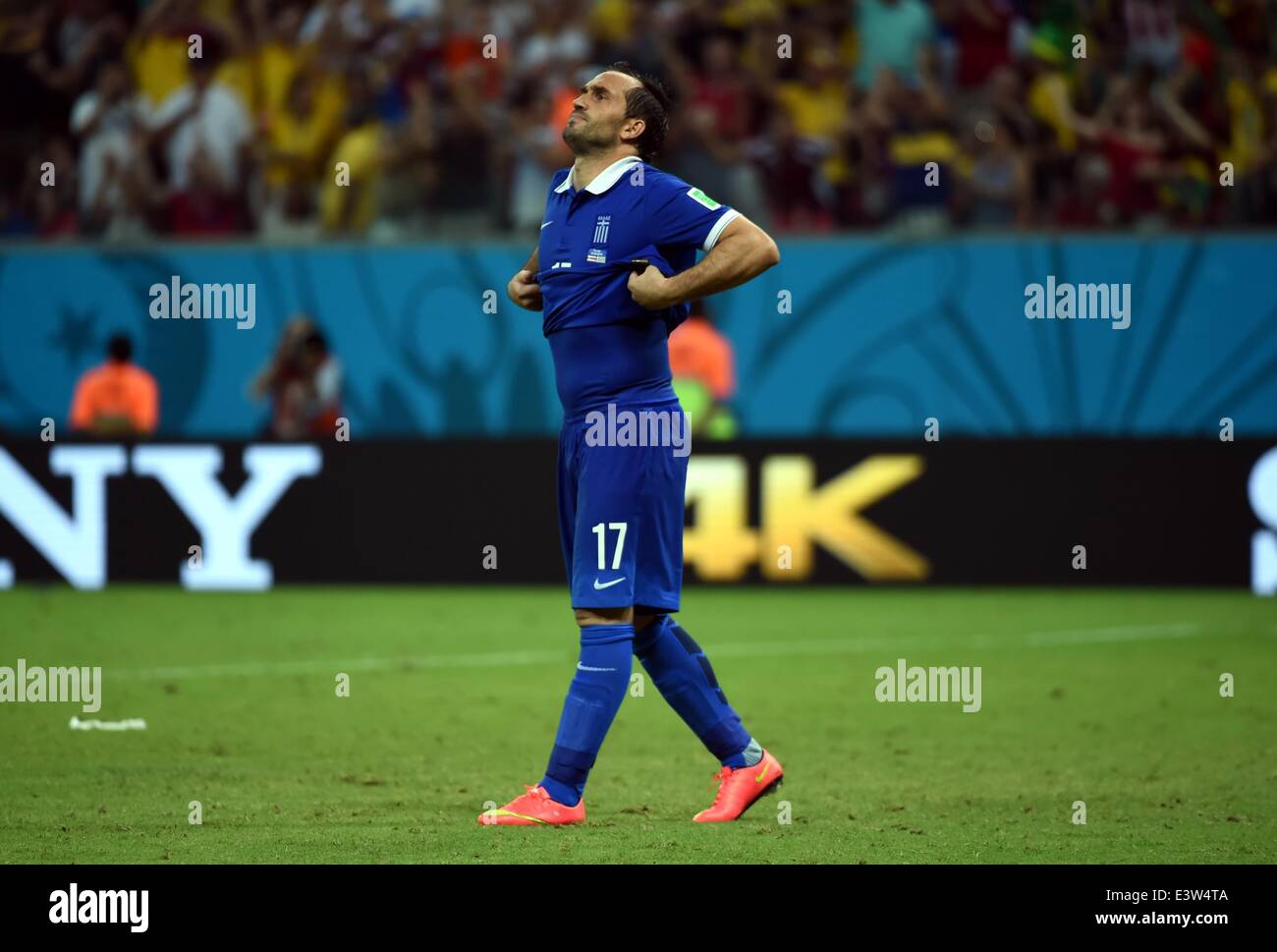 (140629) -- RECIFE, June 29, 2014 (Xinhua) -- Greece's Theofanis Gekas reacs after the penalty shoot-out of a Round of 16 match between Costa Rica and Greece of 2014 FIFA World Cup at the Arena Pernambuco Stadium in Recife, Brazil, on June 29, 2014. Costa Rica won 6-4 (5-3 in penalties) over Greece and qualified for quarter-finals on Sunday. (Xinhua/Guo Yong)(rh) Stock Photo