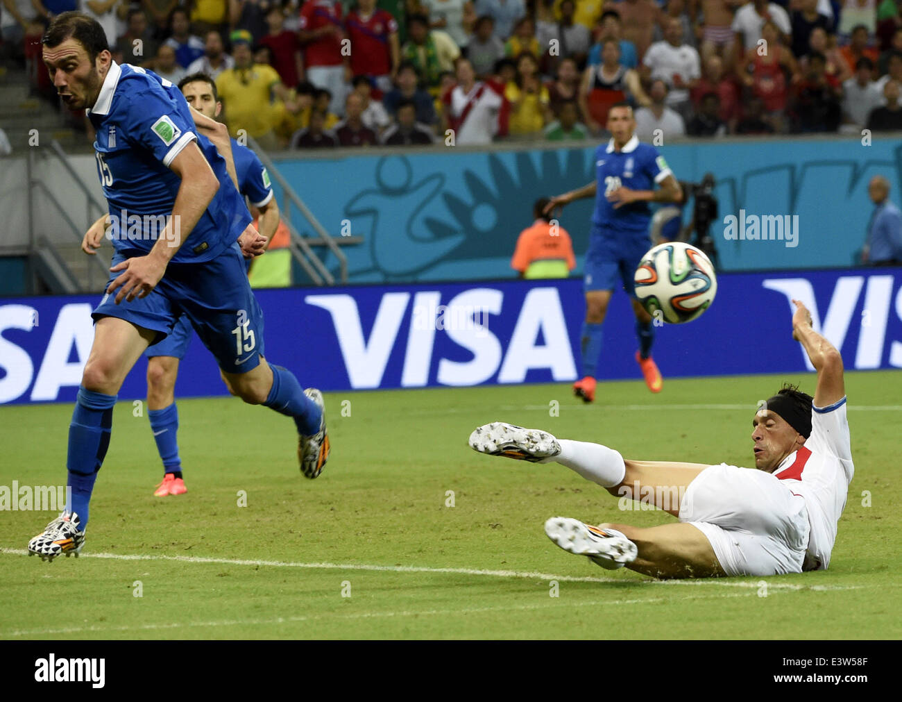 Recife, Brazil. 29th June, 2014. Costa Rica's Christian Bolanos falls down during a Round of 16 match between Costa Rica and Greece of 2014 FIFA World Cup at the Arena Pernambuco Stadium in Recife, Brazil, on June 29, 2014. Credit:  Lui Siu Wai/Xinhua/Alamy Live News Stock Photo