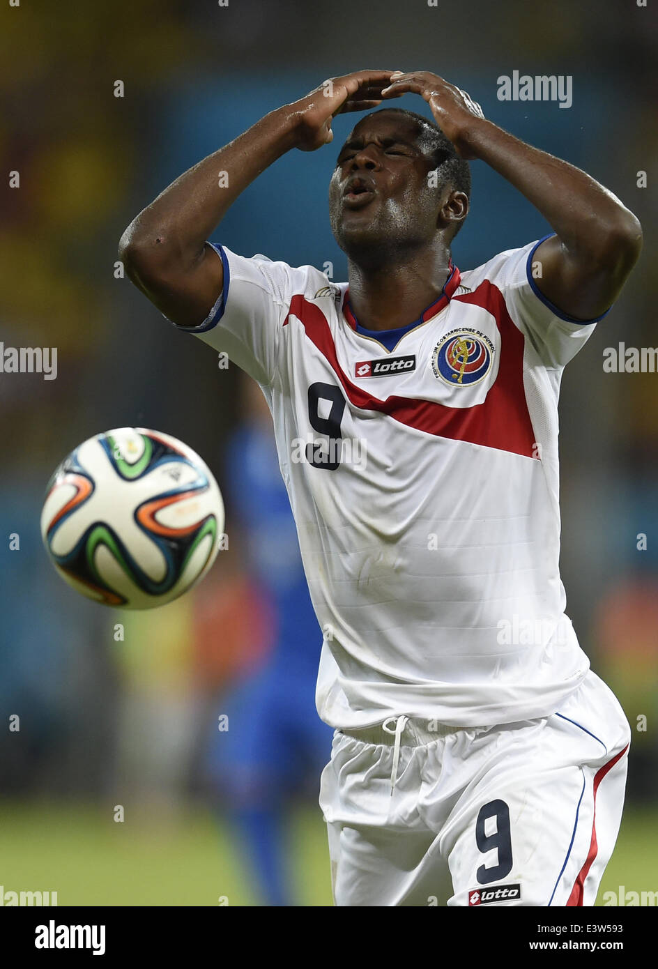 Recife, Brazil. 29th June, 2014. Costa Rica's Joel Campbell reacts during a Round of 16 match between Costa Rica and Greece of 2014 FIFA World Cup at the Arena Pernambuco Stadium in Recife, Brazil, on June 29, 2014. Credit:  Yang Lei/Xinhua/Alamy Live News Stock Photo