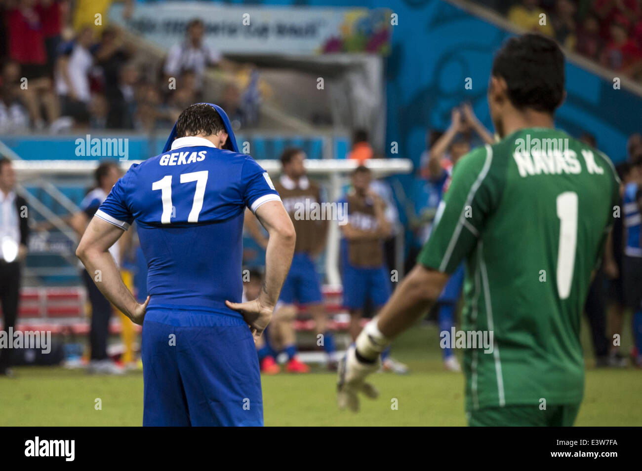 Recife, Brazil. 29th June, 2014. Theofanis Gekas (GRE), Keylor Navas (CRC) Football/Soccer : Theofanis Gekas of Greece looks dejected after missing in the penalty shoot-out during the FIFA World Cup Brazil 2014 Round of 16 match between Costa Rica 1(5-3)1 Greece at Arena Pernambuco in Recife, Brazil . Credit:  Maurizio Borsari/AFLO/Alamy Live News Stock Photo