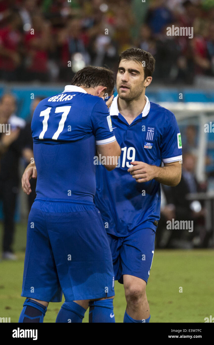Recife, Brazil. 29th June, 2014. (L-R) Theofanis Gekas, Sokratis Papastathopoulos (GRE) Football/Soccer : Theofanis Gekas of Greece looks dejected after missing in the penalty shoot-out during the FIFA World Cup Brazil 2014 Round of 16 match between Costa Rica 1(5-3)1 Greece at Arena Pernambuco in Recife, Brazil . Credit:  Maurizio Borsari/AFLO/Alamy Live News Stock Photo