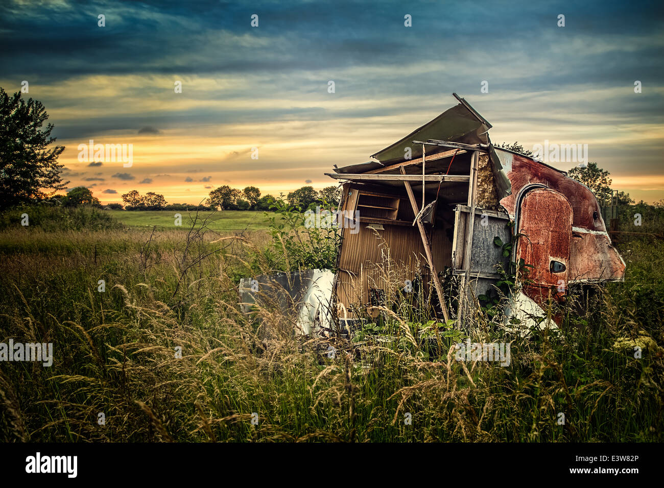 Old caravan in lincolnshire with view of wolds Stock Photo