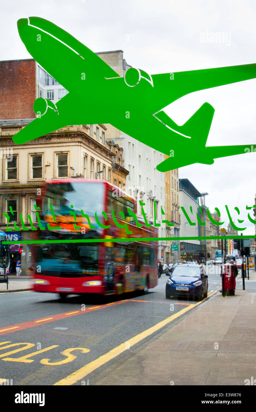 Bus shelters, bus stop, waiting shelters, transport,. Glasgow Bus station artwork a green painted plane on transparent plastic, Scotland, UK Stock Photo