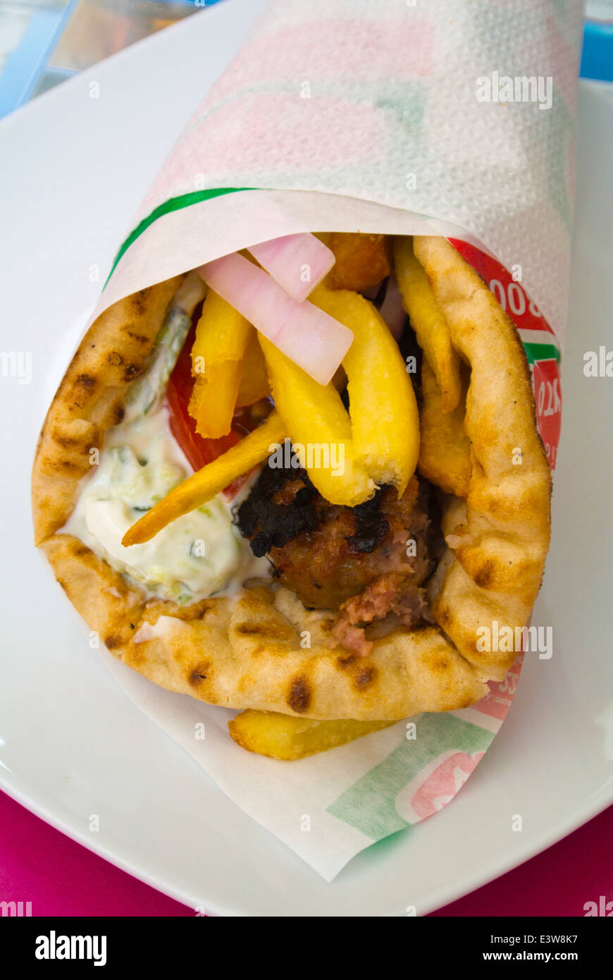 Lamb pita gyros kebab roll, Vathy, Samos Town, Samos, Aegean Sea, Greece, Europe Stock Photo
