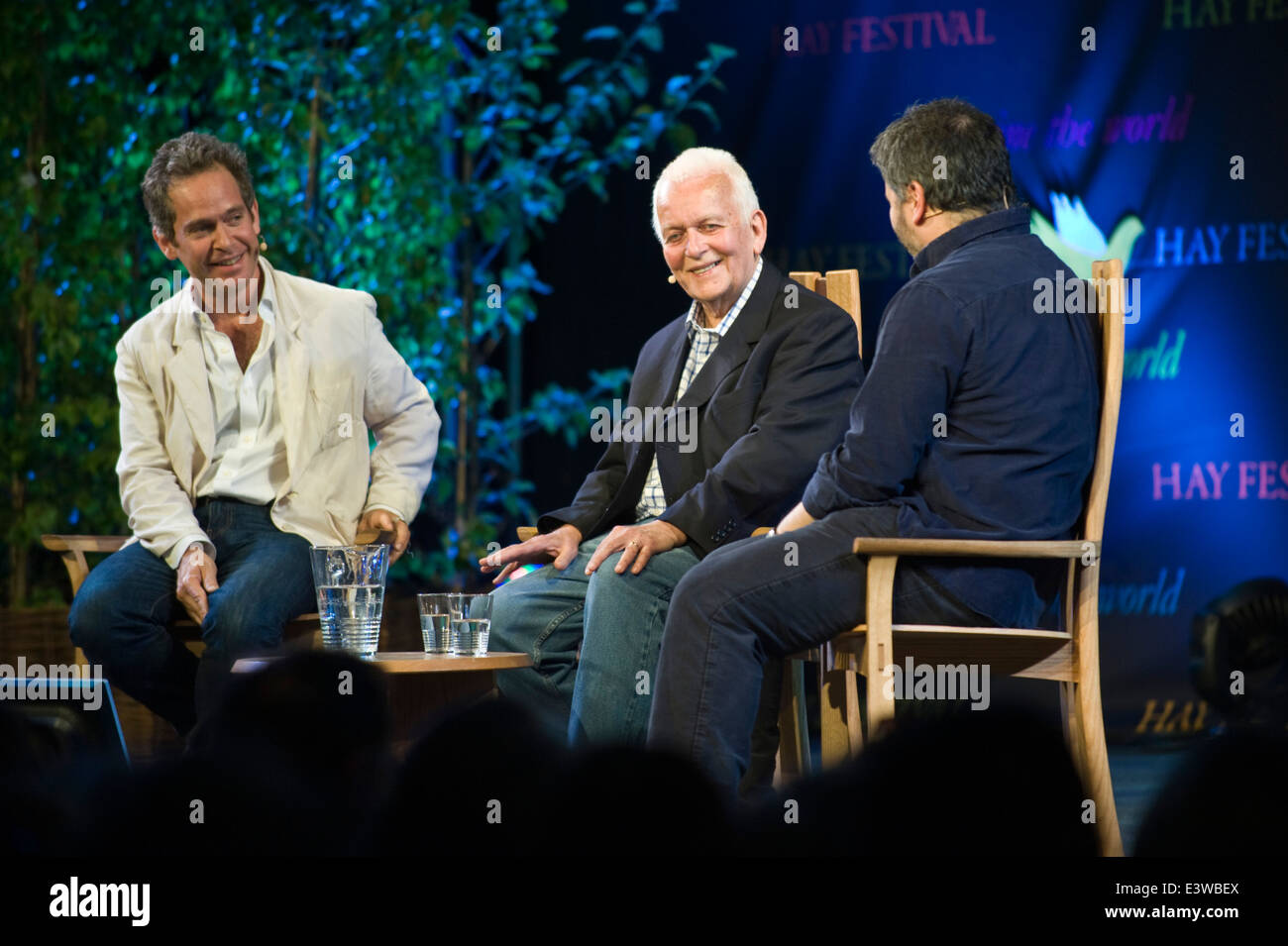 'A Poet in New York' discussion on stage at Hay Festival 2014. (l-r) Tom Hollander, Andrew Davies & Peter Florence. Stock Photo