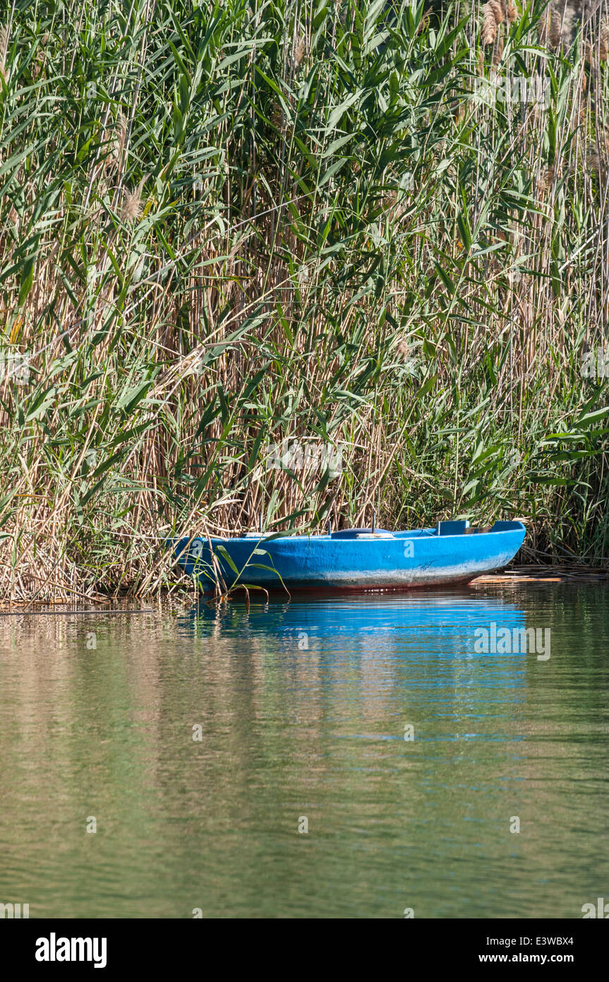 Deserted blue boat in Dalyan river Turkey Stock Photo