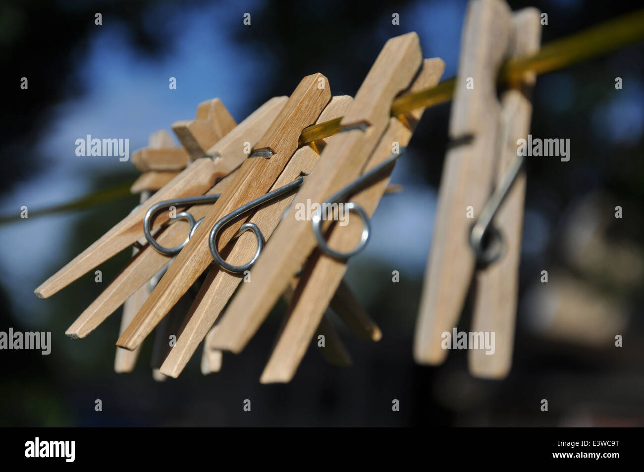 Wooden clothes pegs on a washing line on a sunny day Stock Photo