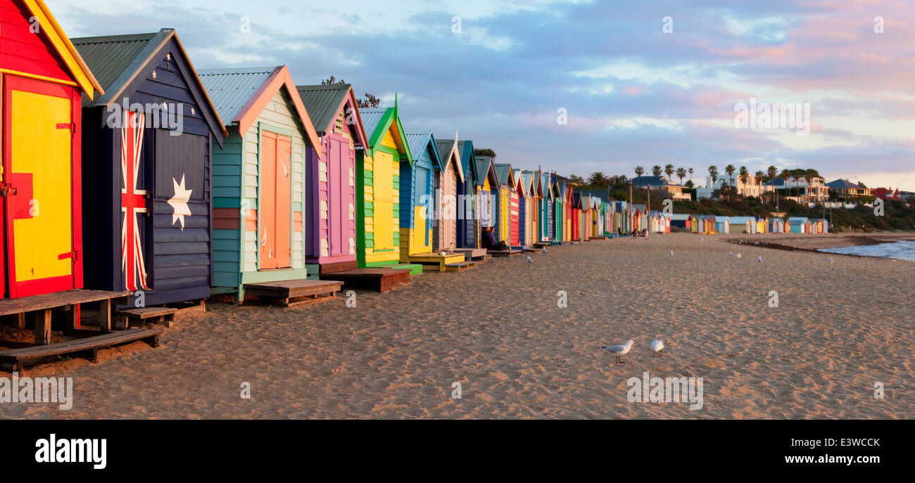 Beach huts with Australia flag in Brighton, Melbourne, Victoria. Stock Photo