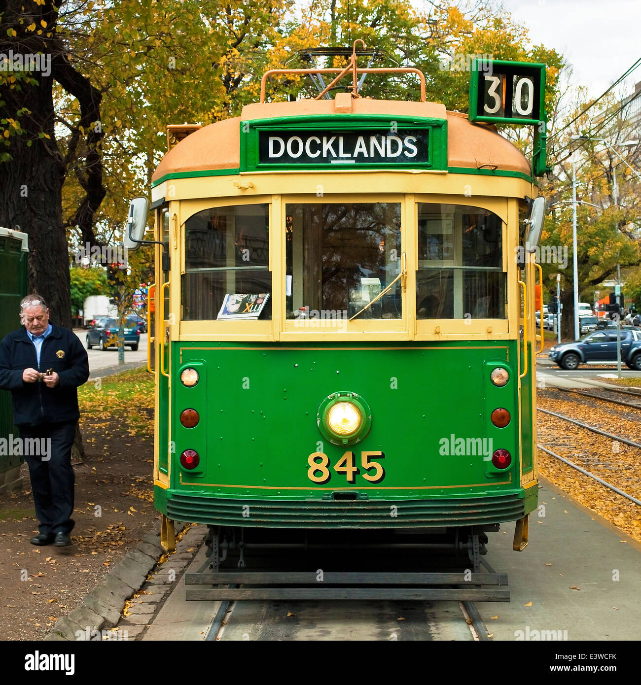 Melbourne tram transport, travel service tourist trams, old wooden historical trams. in autumn winter Australia. Stock Photo