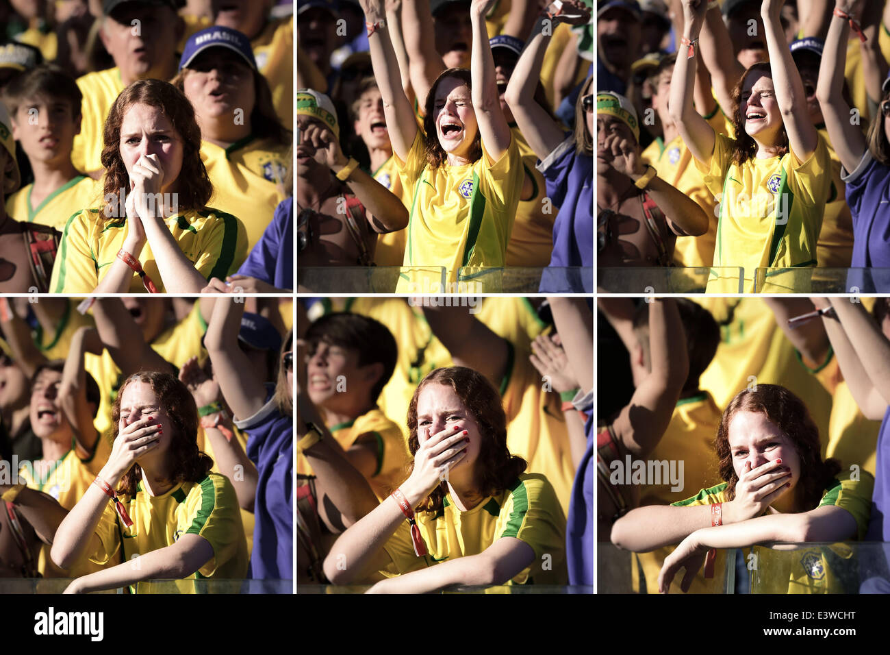 Belo Horizonte, Minas Gerais, Brasil. 29th June, 2014. Girl reacts to the last penalty shootout at the match #49 of the 2014 World Cup, between Brasil and Chile for the Round of 16, this saturday, June 28th, in Belo Horizonte. After two defenses by Julio Cesar and two missed goals by Brazil, Chile's Gonzalo Jara hit the post, ending the sequence in 3-2 for Brazil © Gustavo Basso/NurPhoto/ZUMAPRESS.com/Alamy Live News Stock Photo