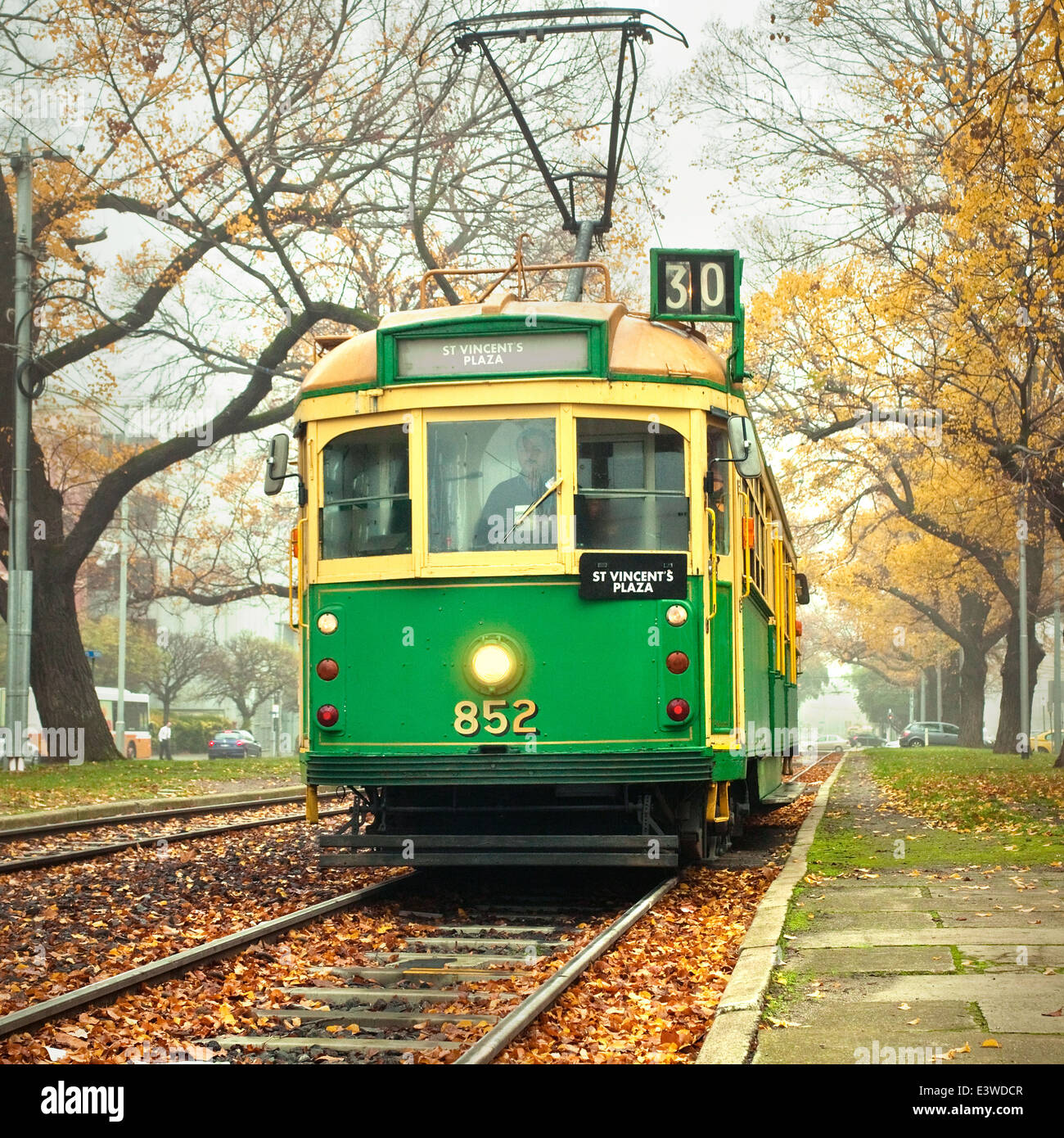 Melbourne tram transport, travel service tourist trams, old wooden historical trams. in autumn winter Australia. Stock Photo