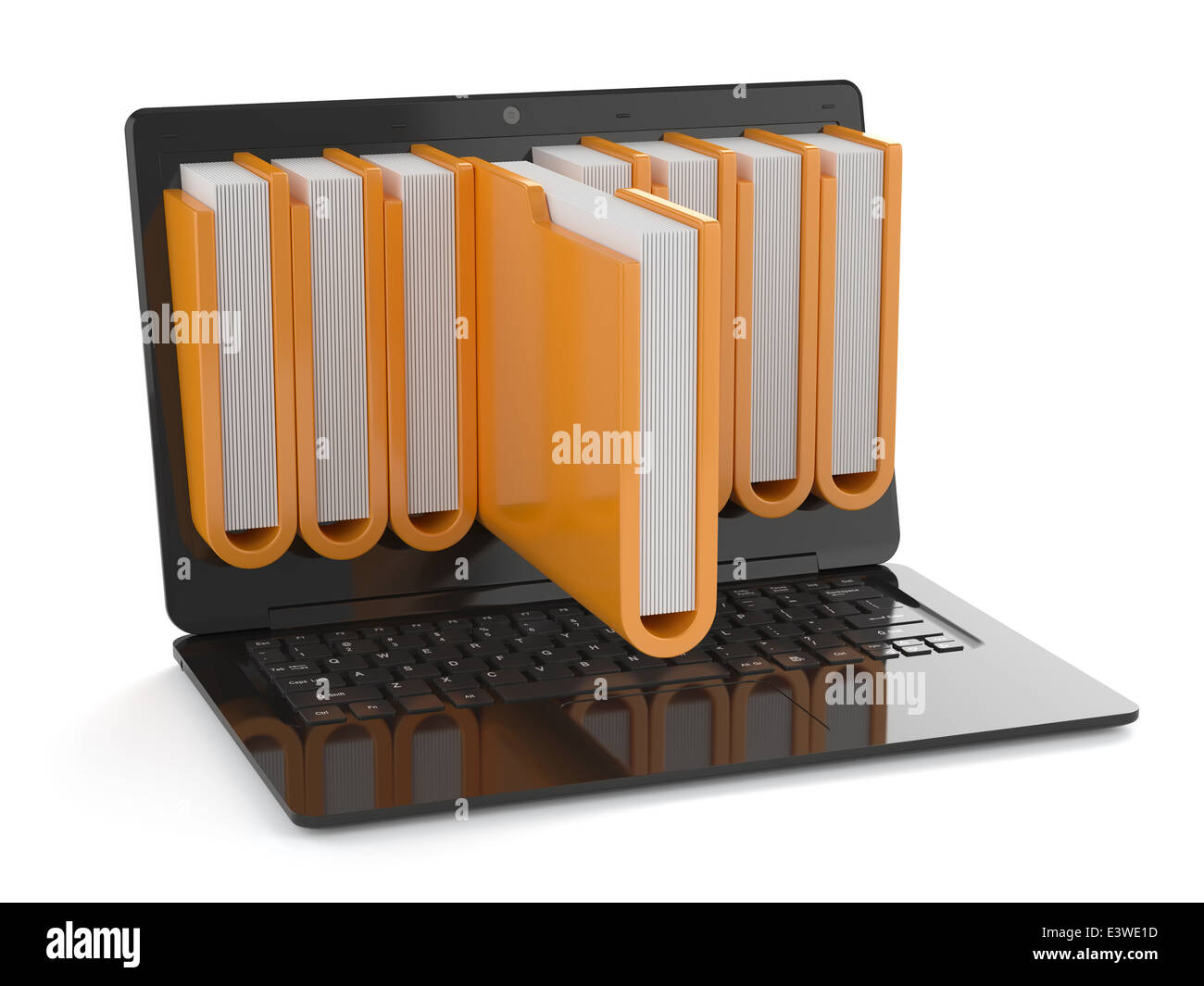 3d render of black laptop with folders inside screen. Storage concept ...