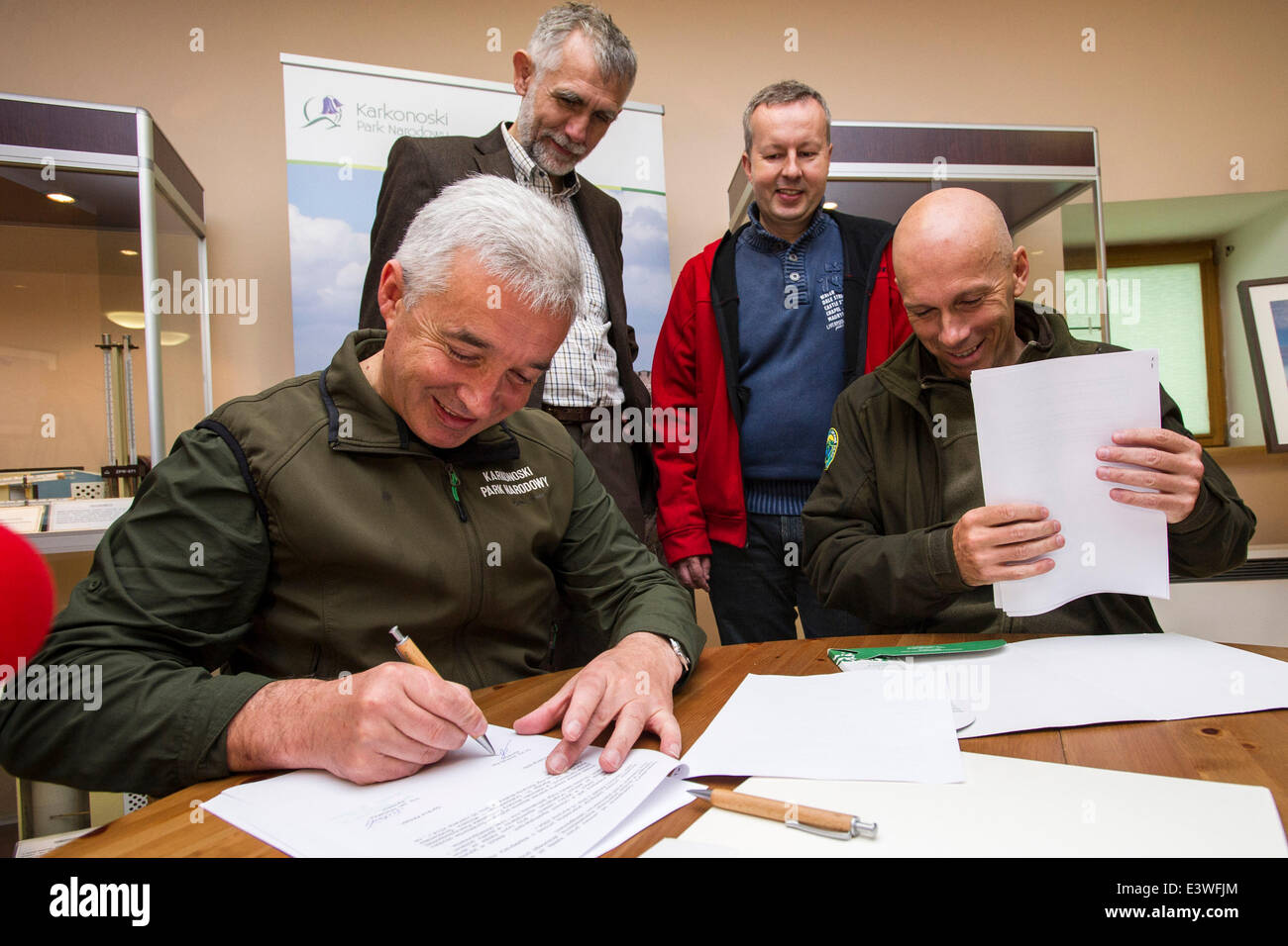 Snezka mountain, Czech Republic. 30th June, 2014. From left: Polish ...