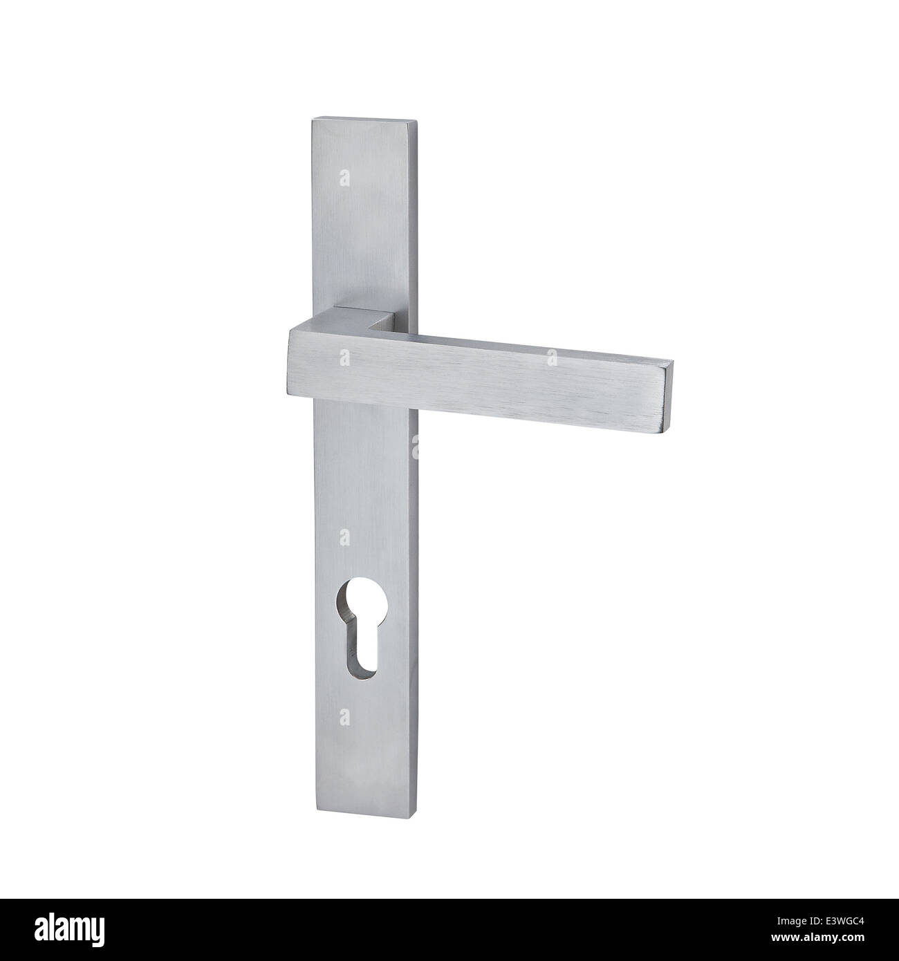 Door handle leaver in brushed metal steel finish isolated against white background, product shot, with key hole. Stock Photo