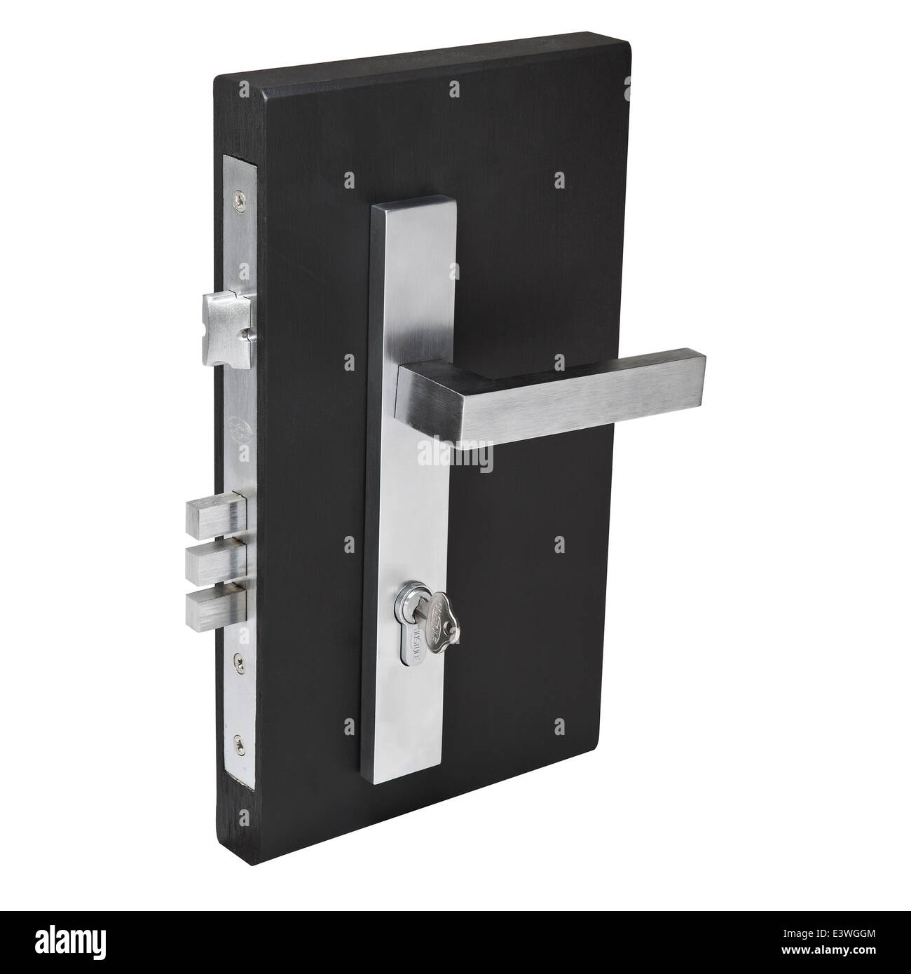 door lock fixture brushed steel fittings mechanism and keys. Stock Photo