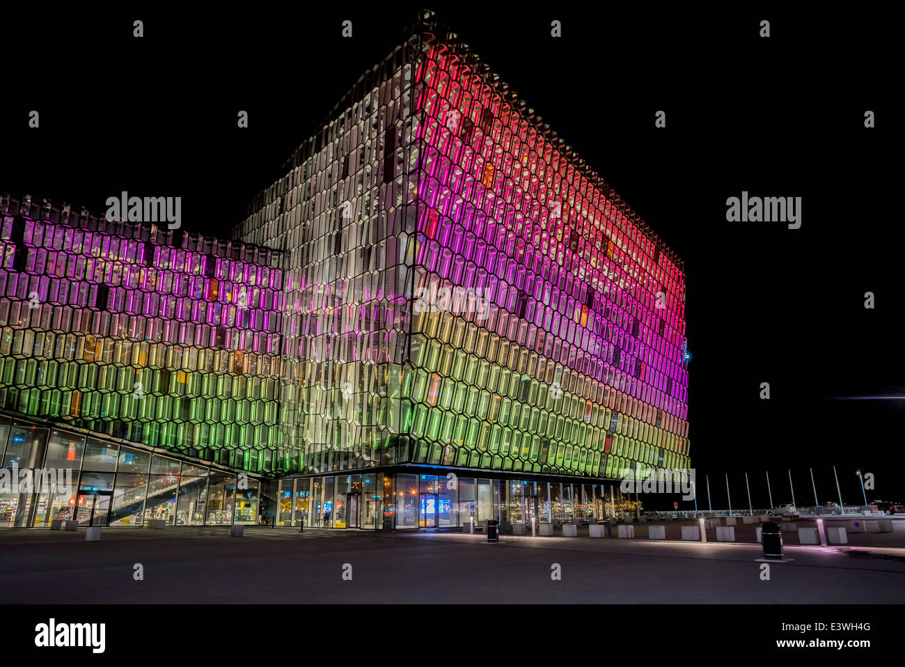 Harpa Concert and Conference Hall at night, Reykjavik, Iceland Festive lights during the annual Winter Lights Celebration. Stock Photo
