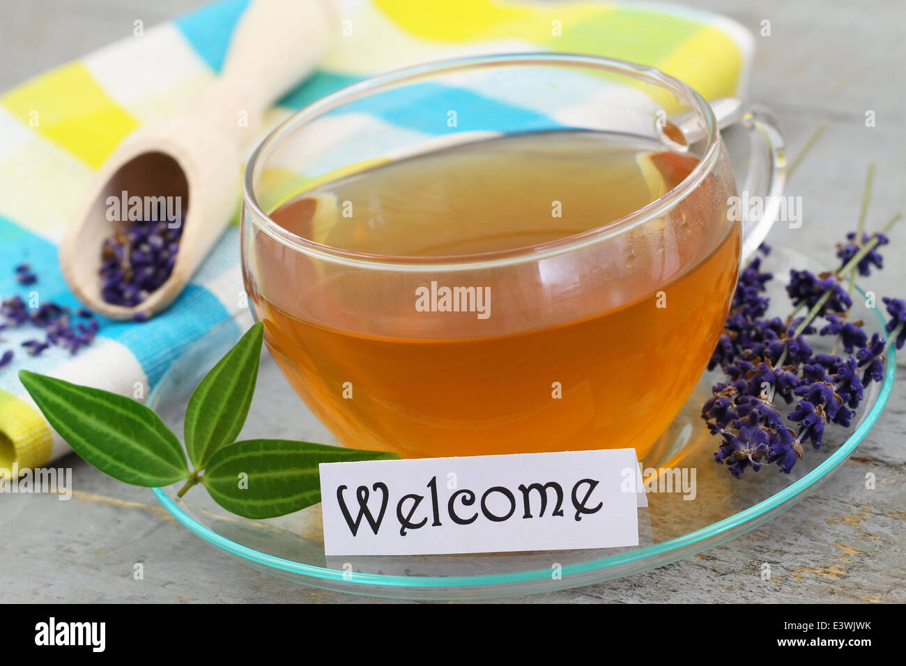 Welcome card with cup of tea and lavender Stock Photo