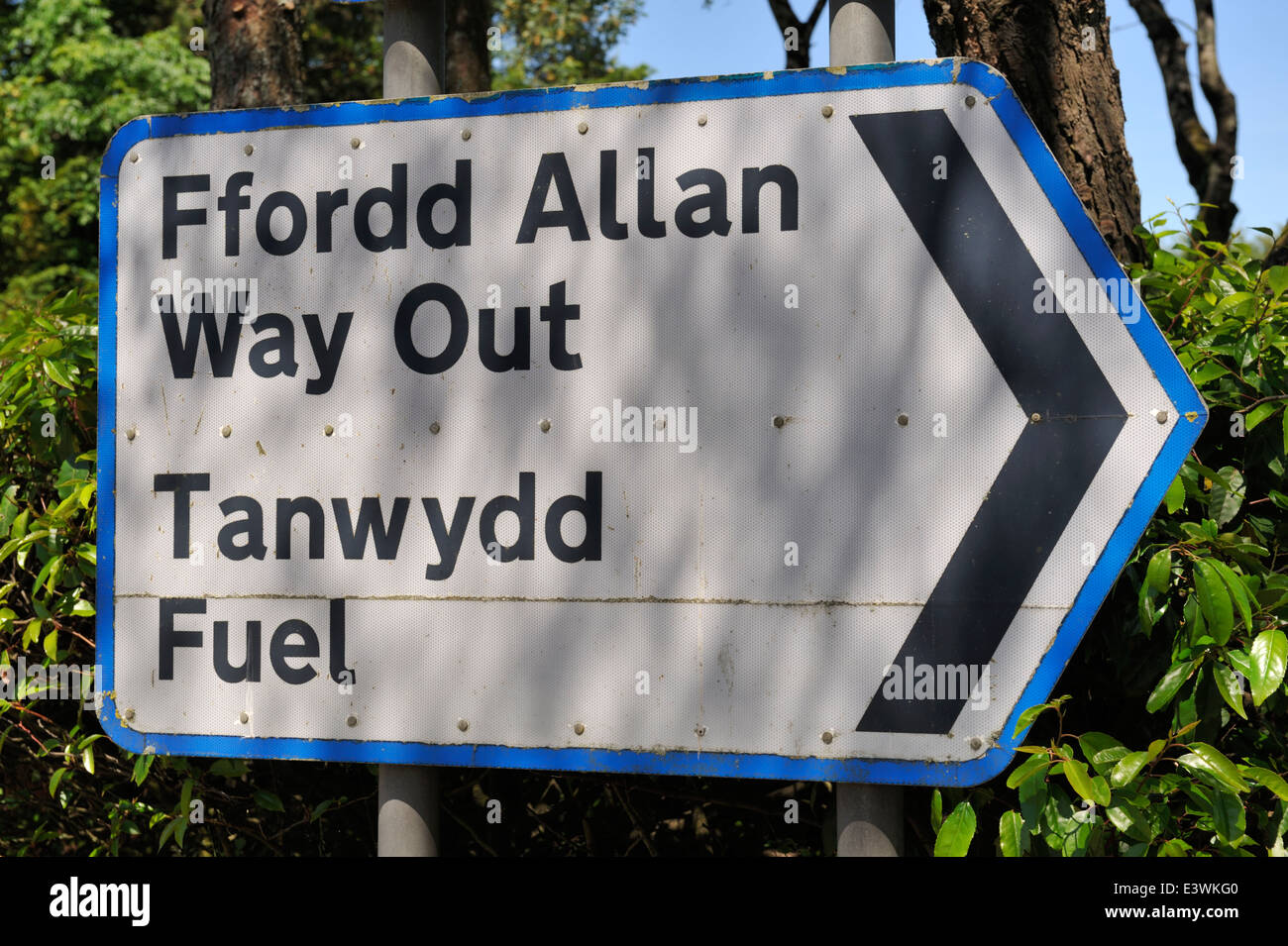 Sign Arrow Welsh And English Way Out And Fuel Wales Uk Stock Photo Alamy