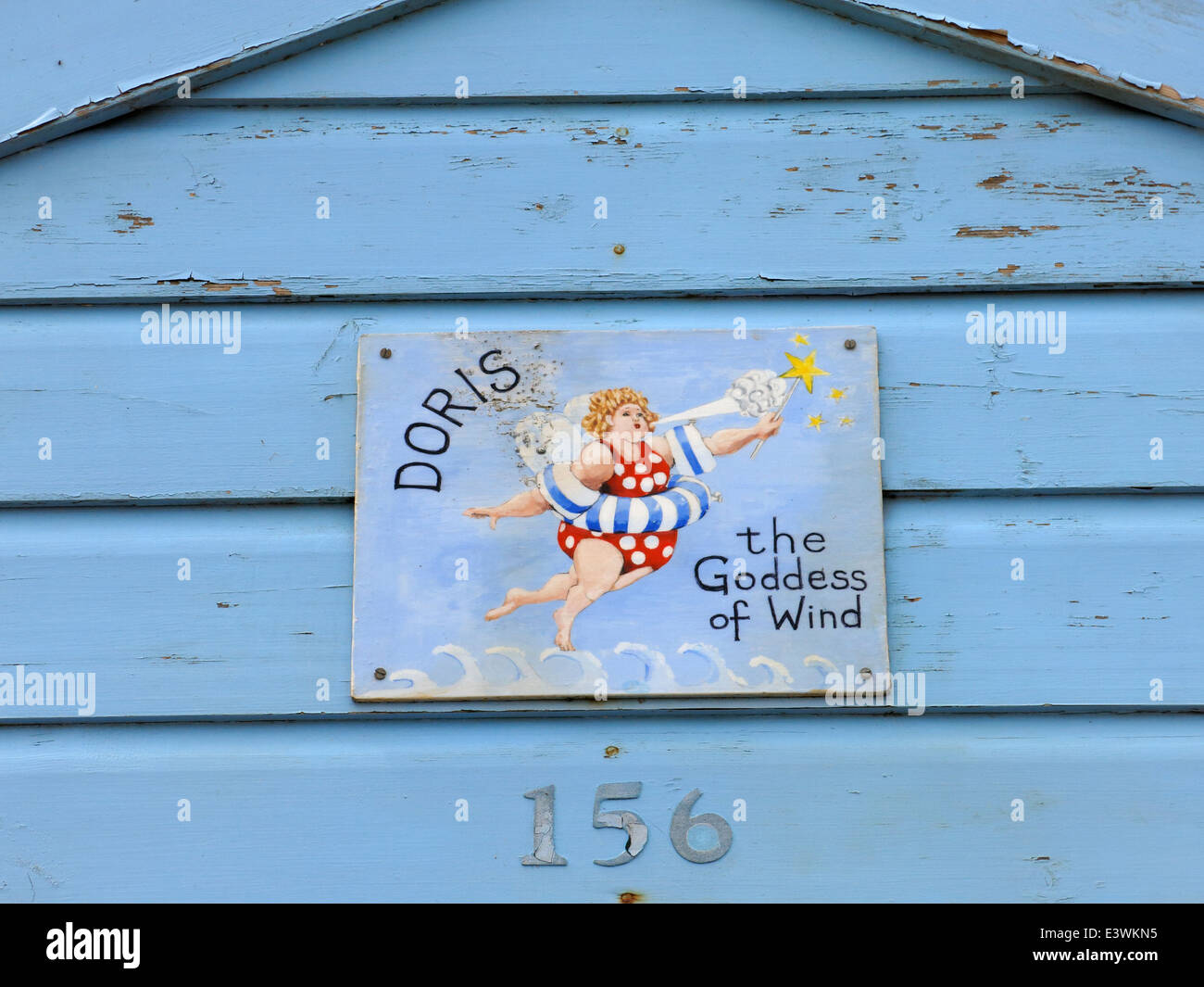 A humorous beach hut sign. Doris - the Goddess of Wind. Stock Photo